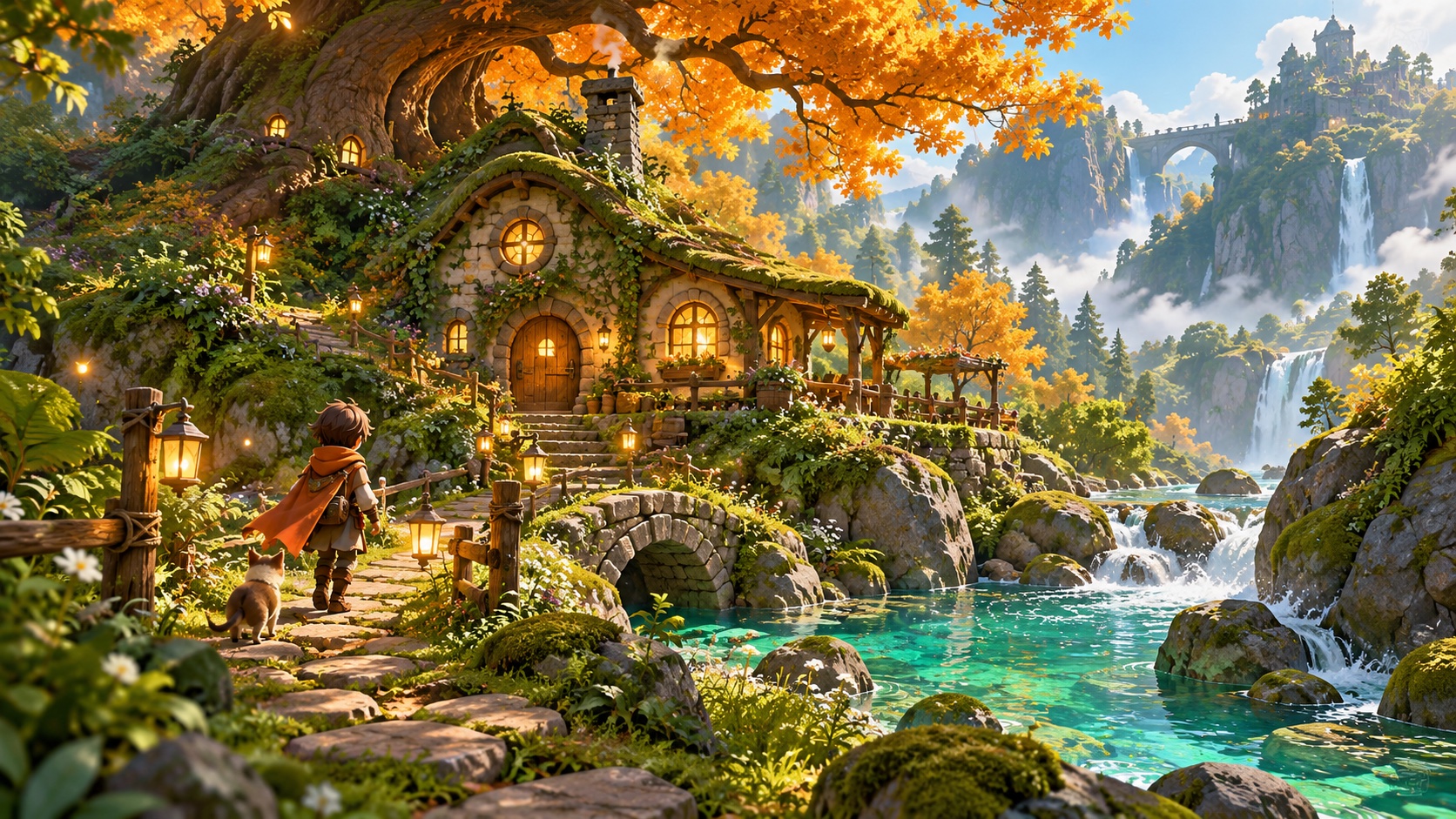 An inviting woodland cottage beside a jade stream